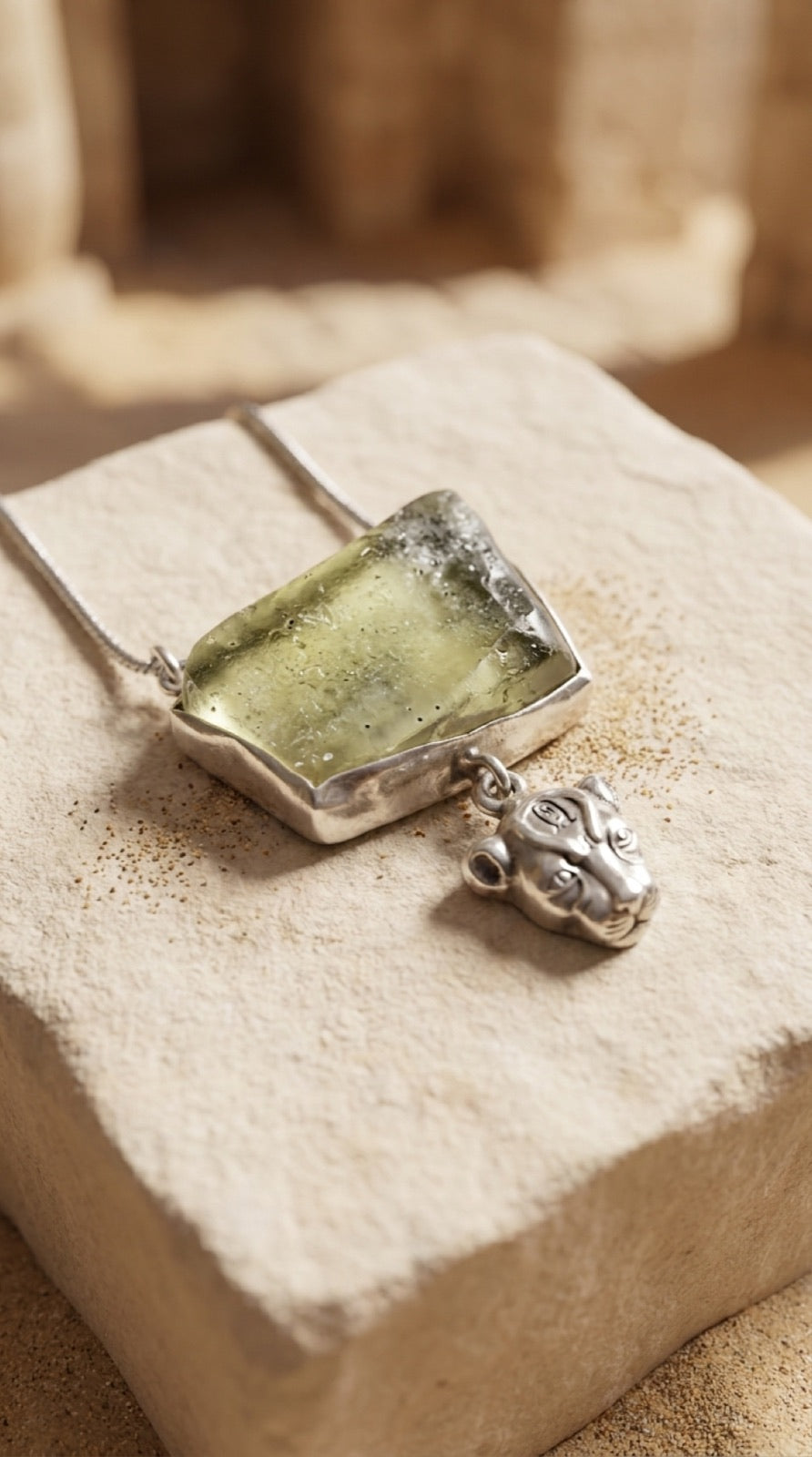 A desert glass pendant resting on pale temple sandstone in Luxor light