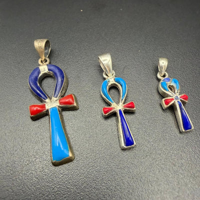 Ankh pendants with turquoise, red coral and lapis lazuli
