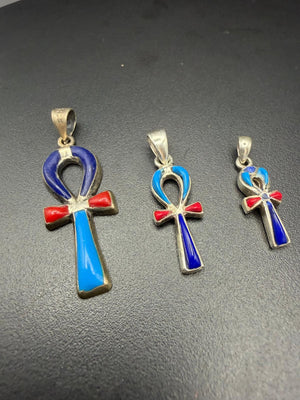 Ankh pendants with turquoise, red coral and lapis lazuli