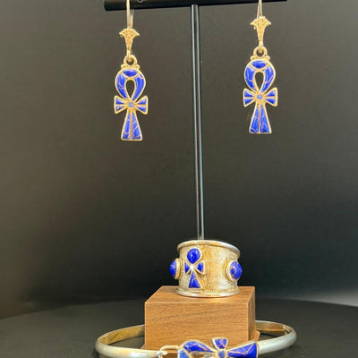Ankh bracelet, earrings and ring set in lapis lazuli