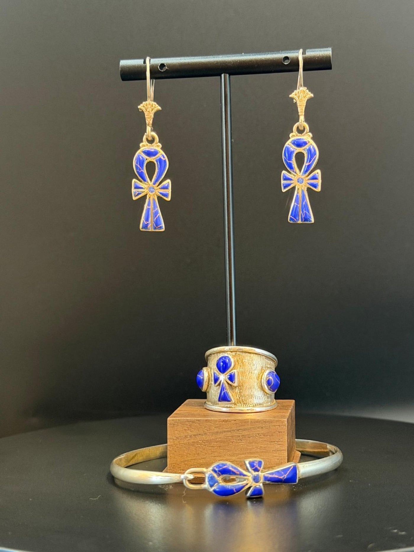 Ankh Bracelet, Earrings and Ring Set in Lapis Lazuli