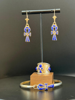 Ankh bracelet, earrings and ring set in lapis lazuli