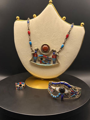 Boat of Ra necklace, bangle and ring set with mixed stones