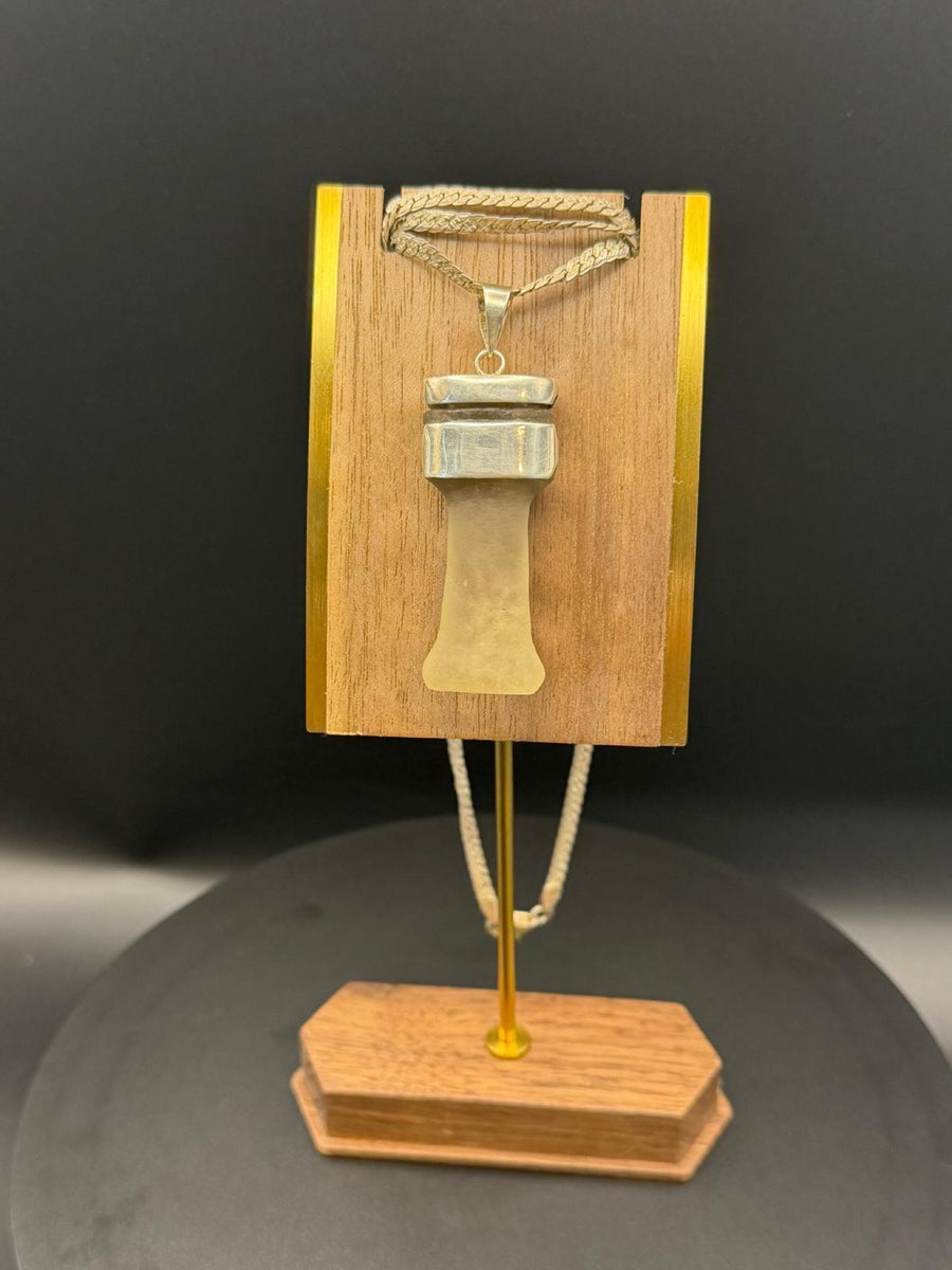 Djed pillar pendant in Libyan desert glass with silver chain