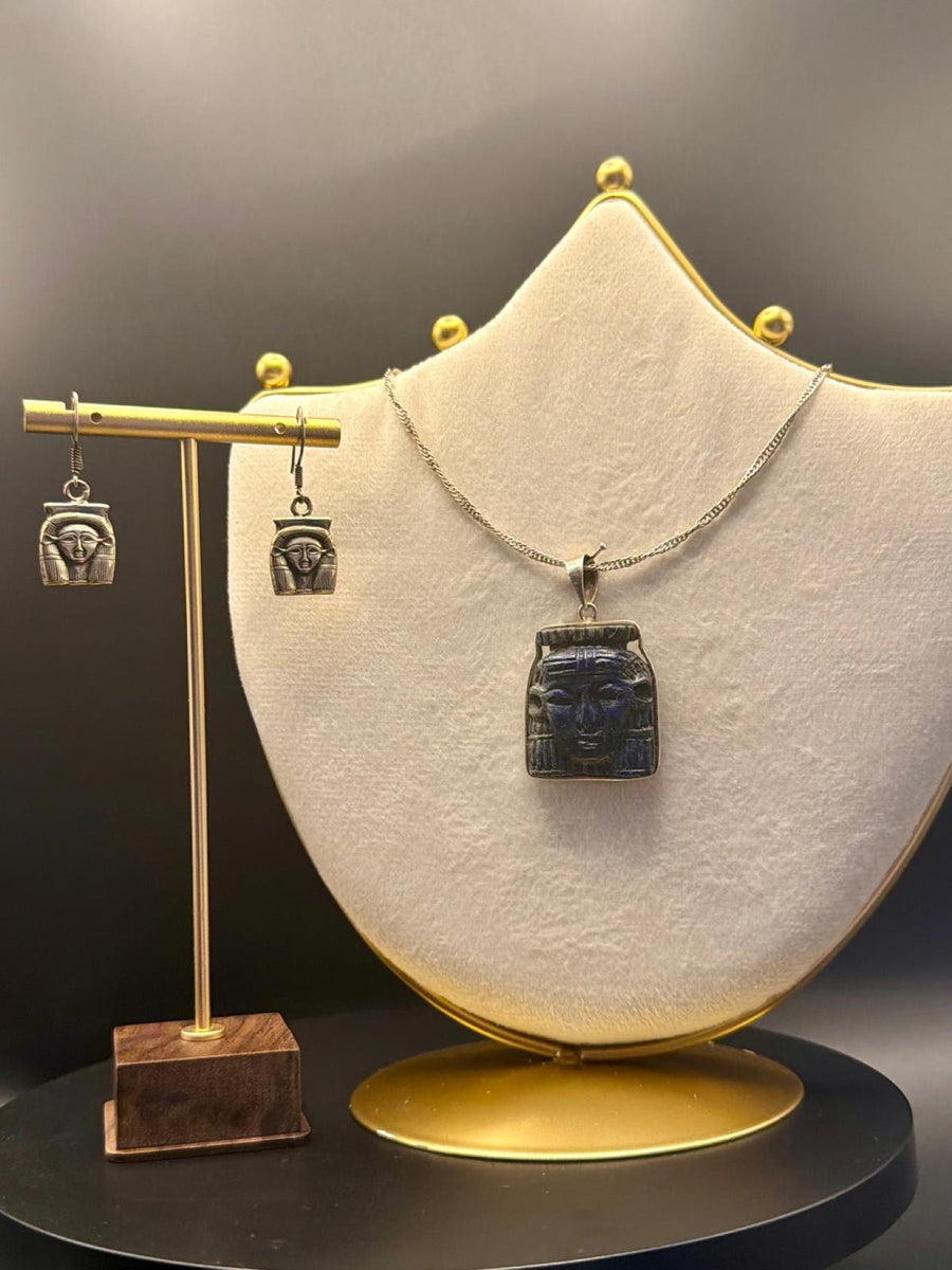 Hathor necklace and earrings set in lapis lazuli