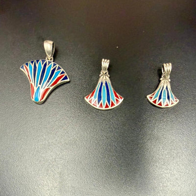 Lotus flower pendants with turquoise, lapis lazuli and red coral