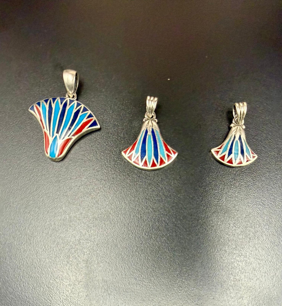 Lotus flower pendants with turquoise, lapis lazuli and red coral