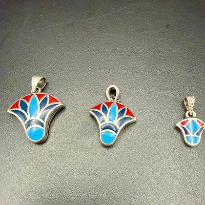 Lotus flower pendants with turquoise, red coral and lapis lazuli