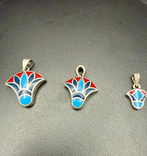 Lotus flower pendants with turquoise, red coral and lapis lazuli