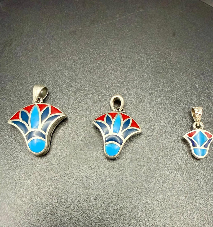 Lotus flower pendants with turquoise, red coral and lapis lazuli