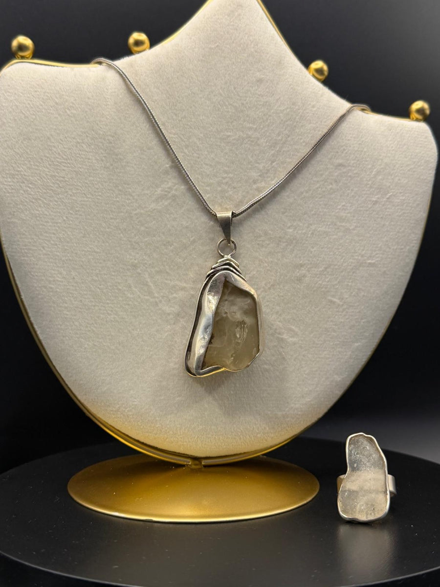 Libyan desert glass pendant, chain and ring set