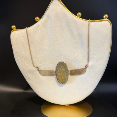Winged scarab necklace in Libyan desert glass with silver wings