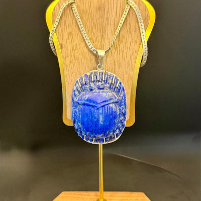 Lapis lazuli scarab necklace with silver frame and chain