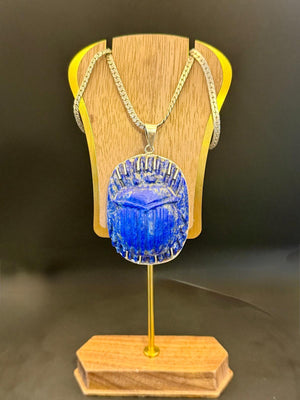 Lapis lazuli scarab necklace with silver frame and chain