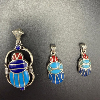 Scarab pendants with lapis lazuli, red coral and turquoise in three sizes