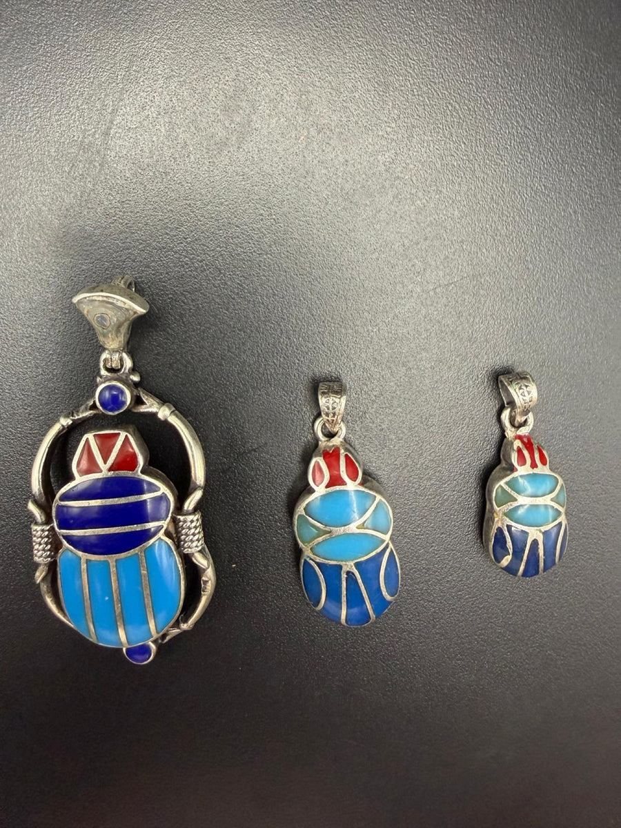 Scarab pendants with lapis lazuli, red coral and turquoise in three sizes