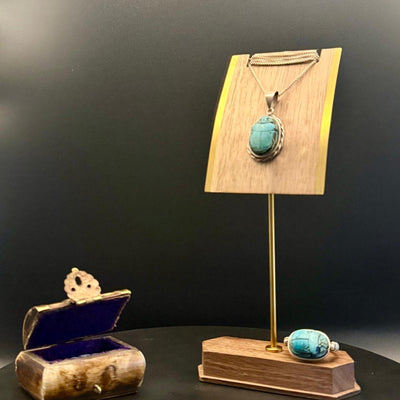Limestone scarab pendant, chain and ring set