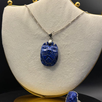 Sekhmet pendant, chain and ring set in lapis lazuli