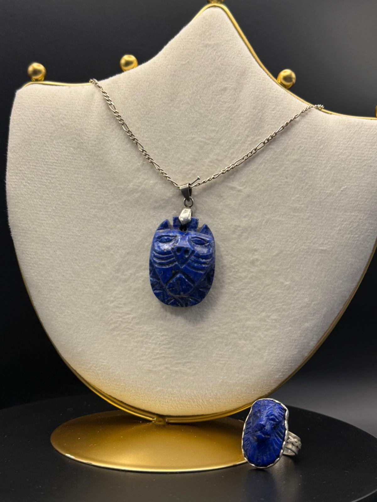 Sekhmet Pendant, Chain and Ring Set in Lapis Lazuli