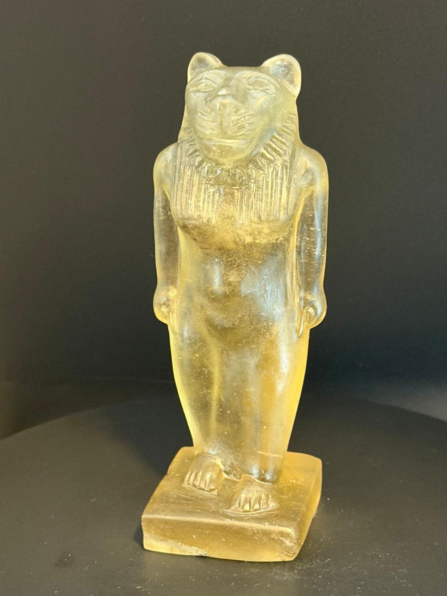 Sekhmet statue carved in pale green Libyan desert glass