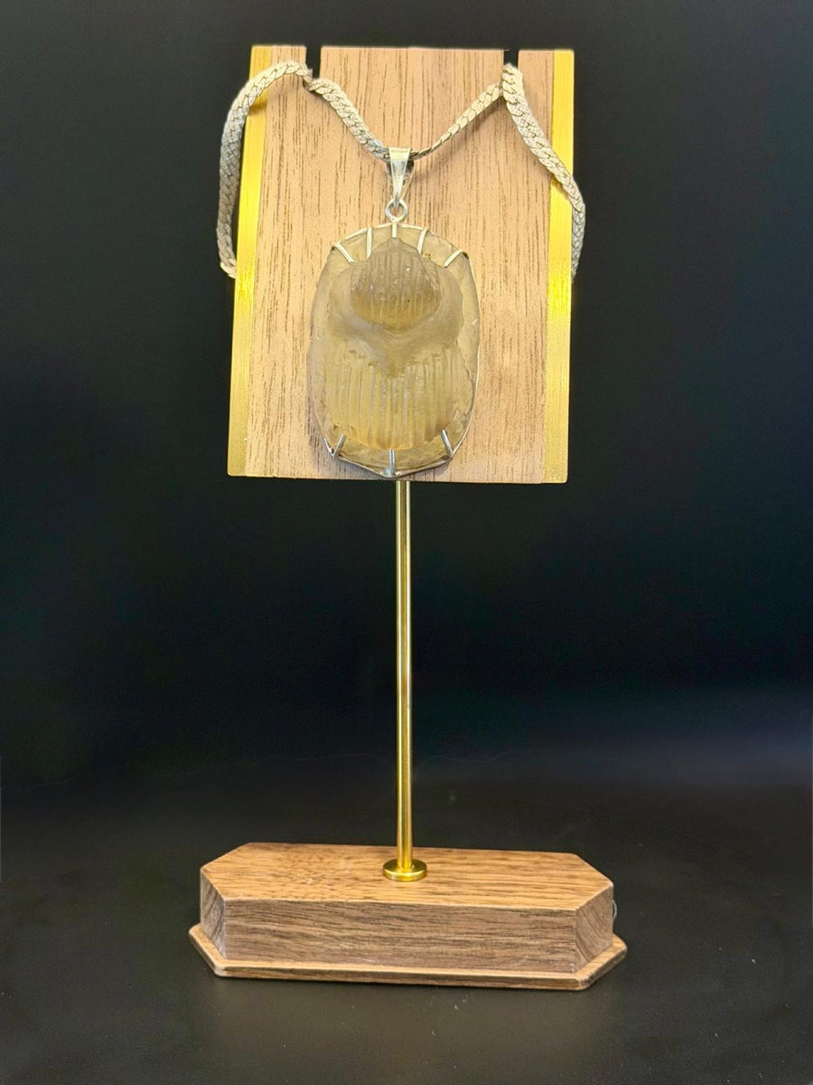 Sphinx scarab pendant in Libyan desert glass with silver chain