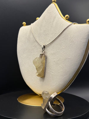 Sphinx pendant, chain and ring set in Libyan desert glass