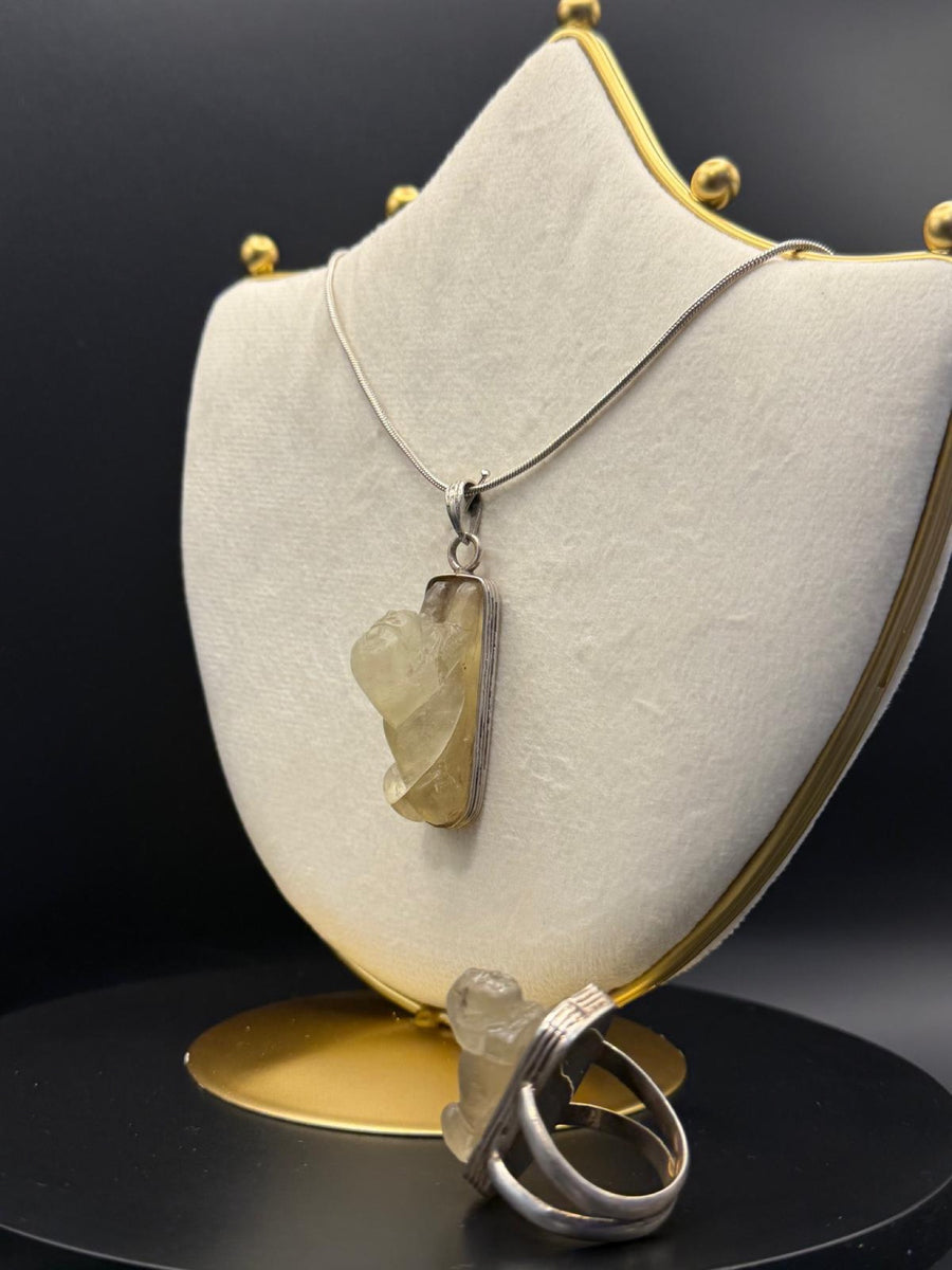 Sphinx pendant, chain and ring set in Libyan desert glass