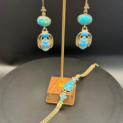 Turquoise scarab earrings and bracelet set in silver