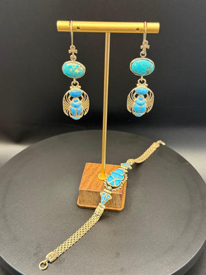 Turquoise scarab earrings and bracelet set in silver