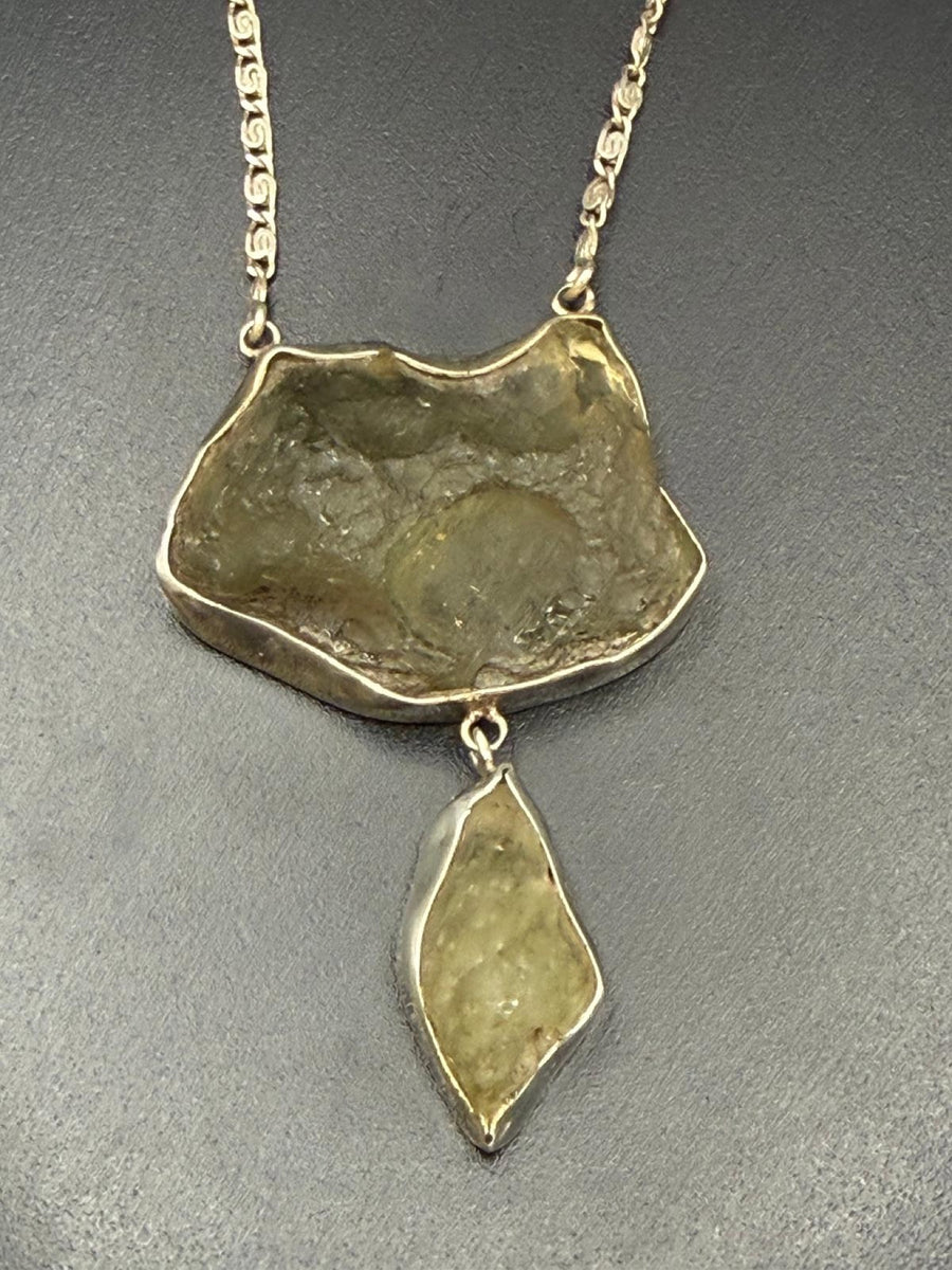 Twin pendant necklace in Libyan desert glass on silver chain